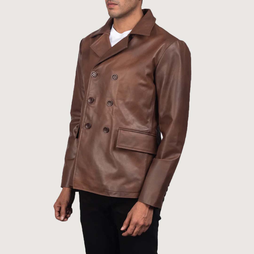 Button closure Brown Leather Peacoat
