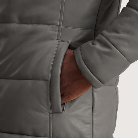 Floyd Grey Hooded Leather Puffer Coat