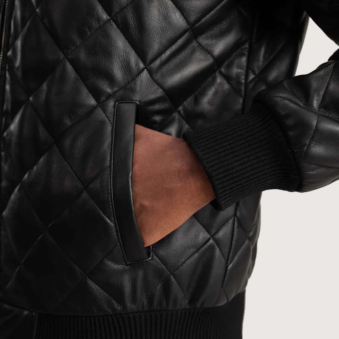 Norman Black Hooded Bomber Leather Puffer Jacket