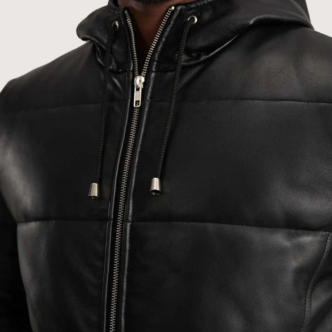 Floyd Black Hooded Leather Puffer Coat