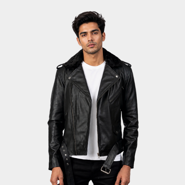 Furton Distressed Black Leather Biker Jacket