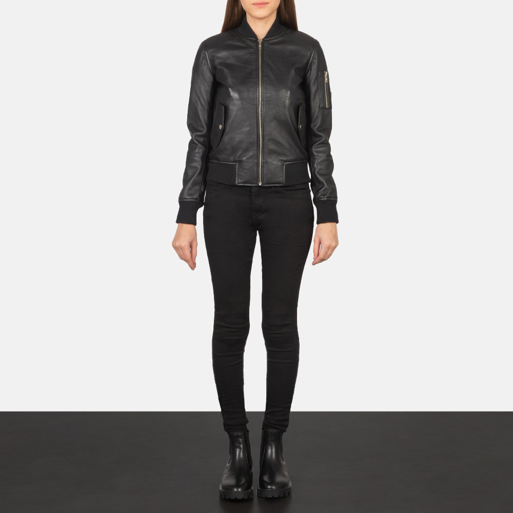 Ava MA-1 Black Leather Bomber Jacket