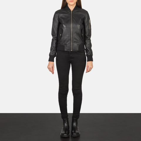 Ava MA-1 Black Leather Bomber Jacket