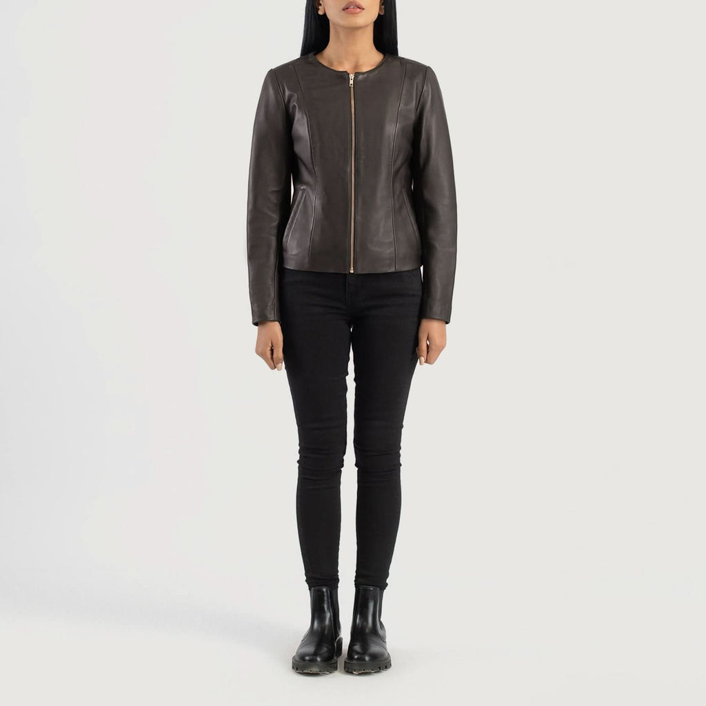 Elixir Brown Collarless Leather Jacket