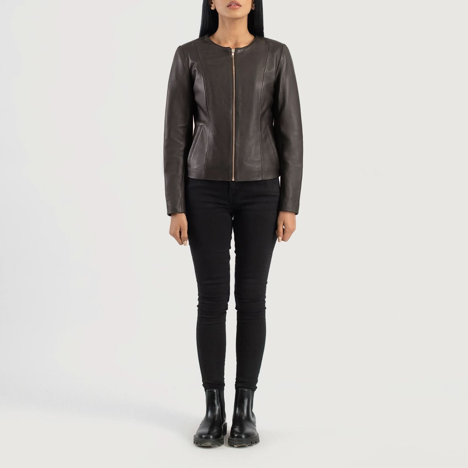 Elixir Brown Collarless Leather Jacket