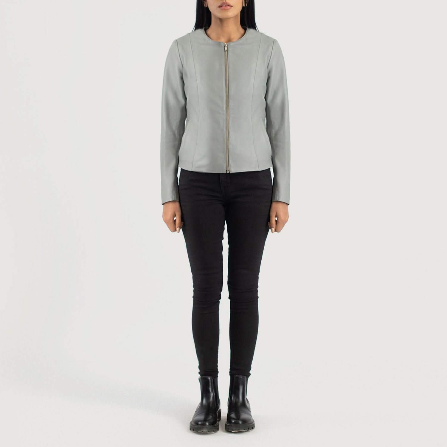 Elixir Grey Collarless Leather Jacket