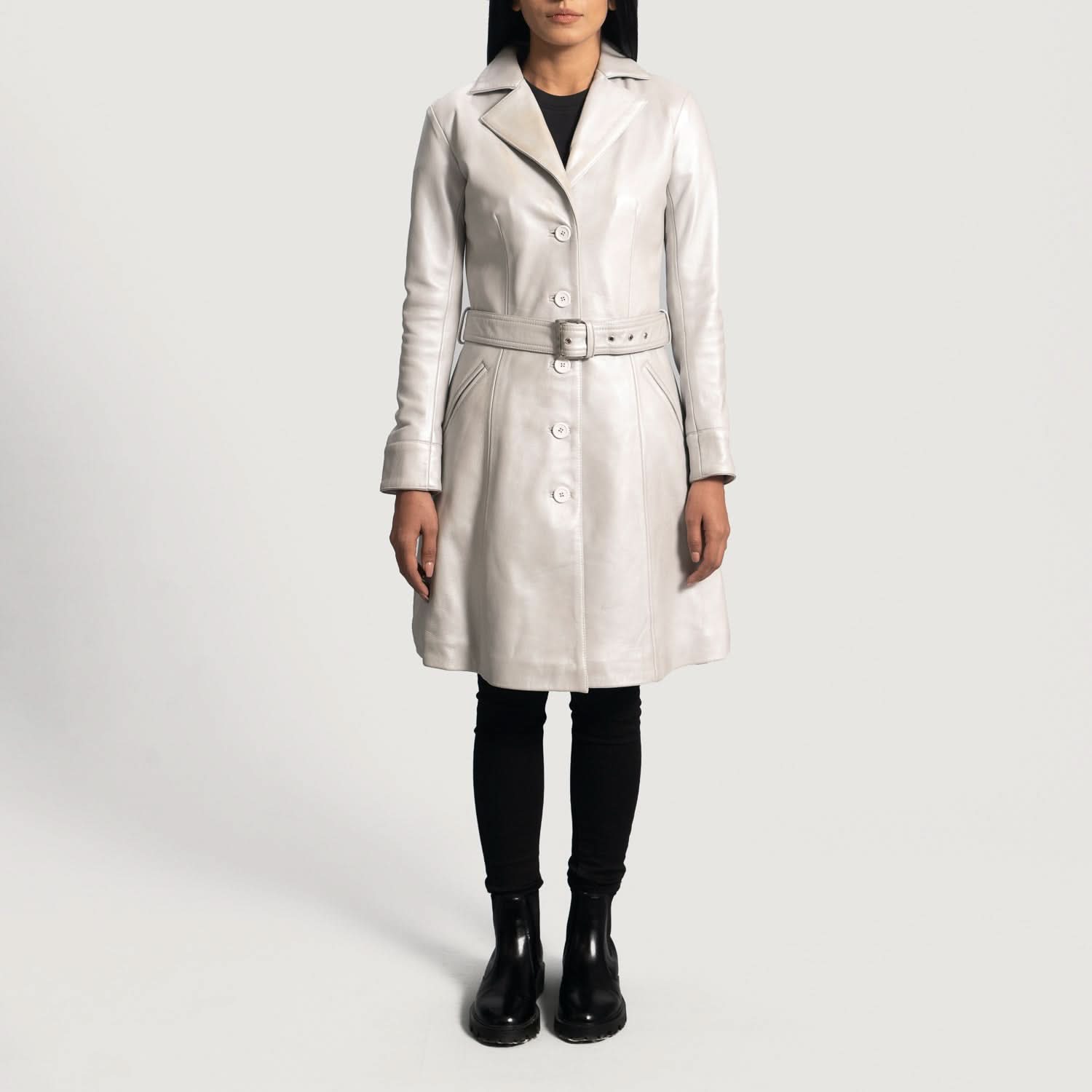 Moonlight Silver Leather Trench Coat