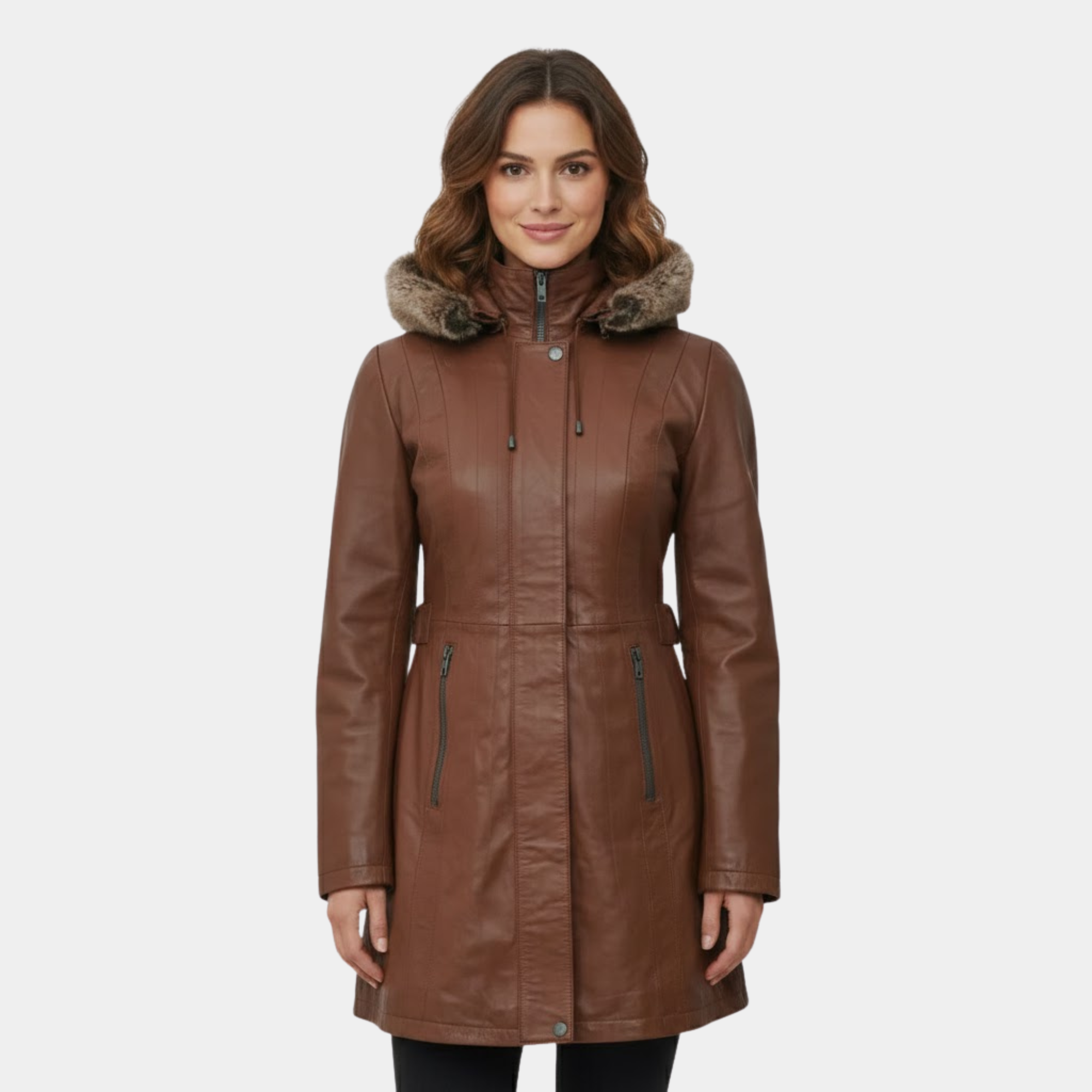 Womens Zipper Button Brown Leather Long Coat