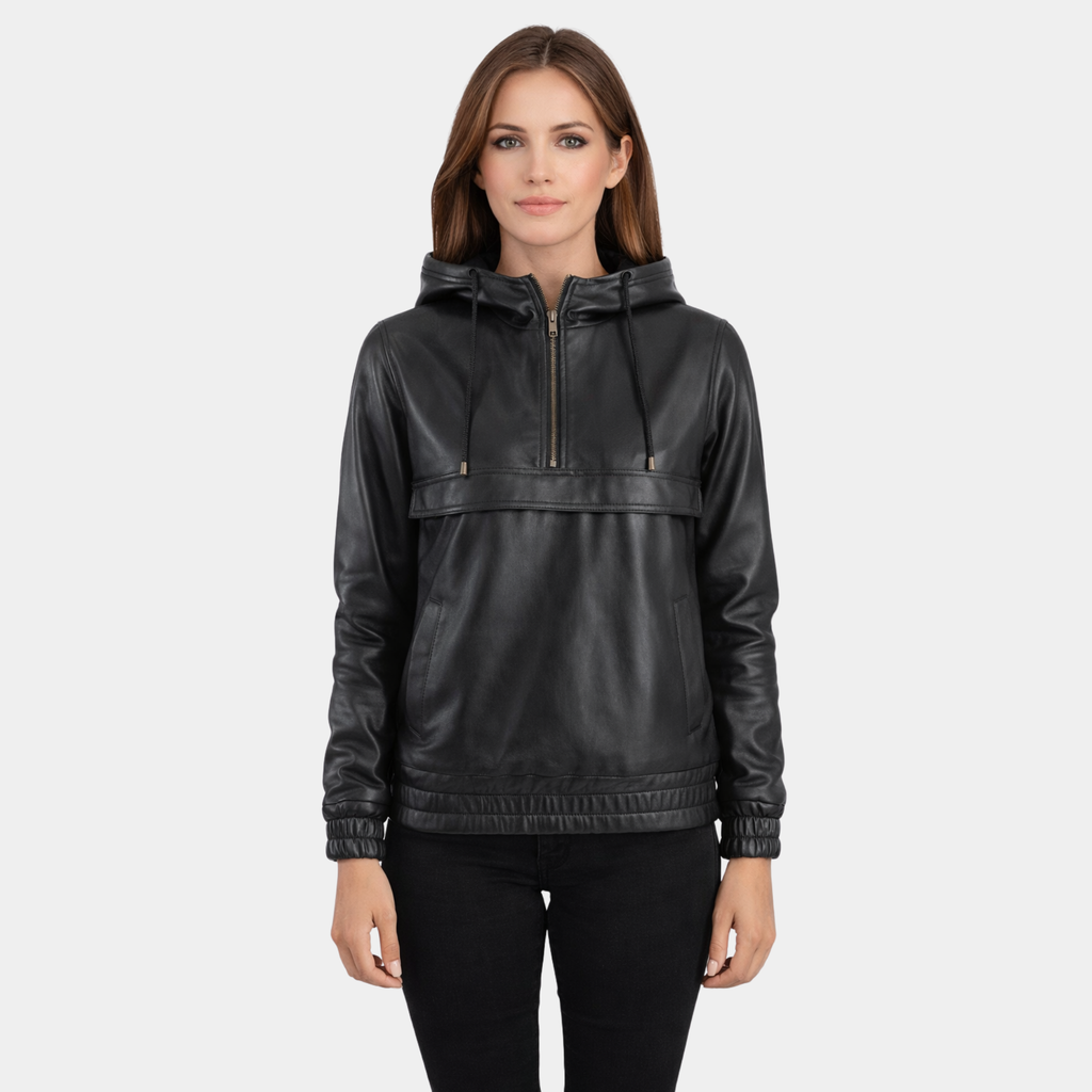 Zest Black Hooded Leather Pullover Jacket
