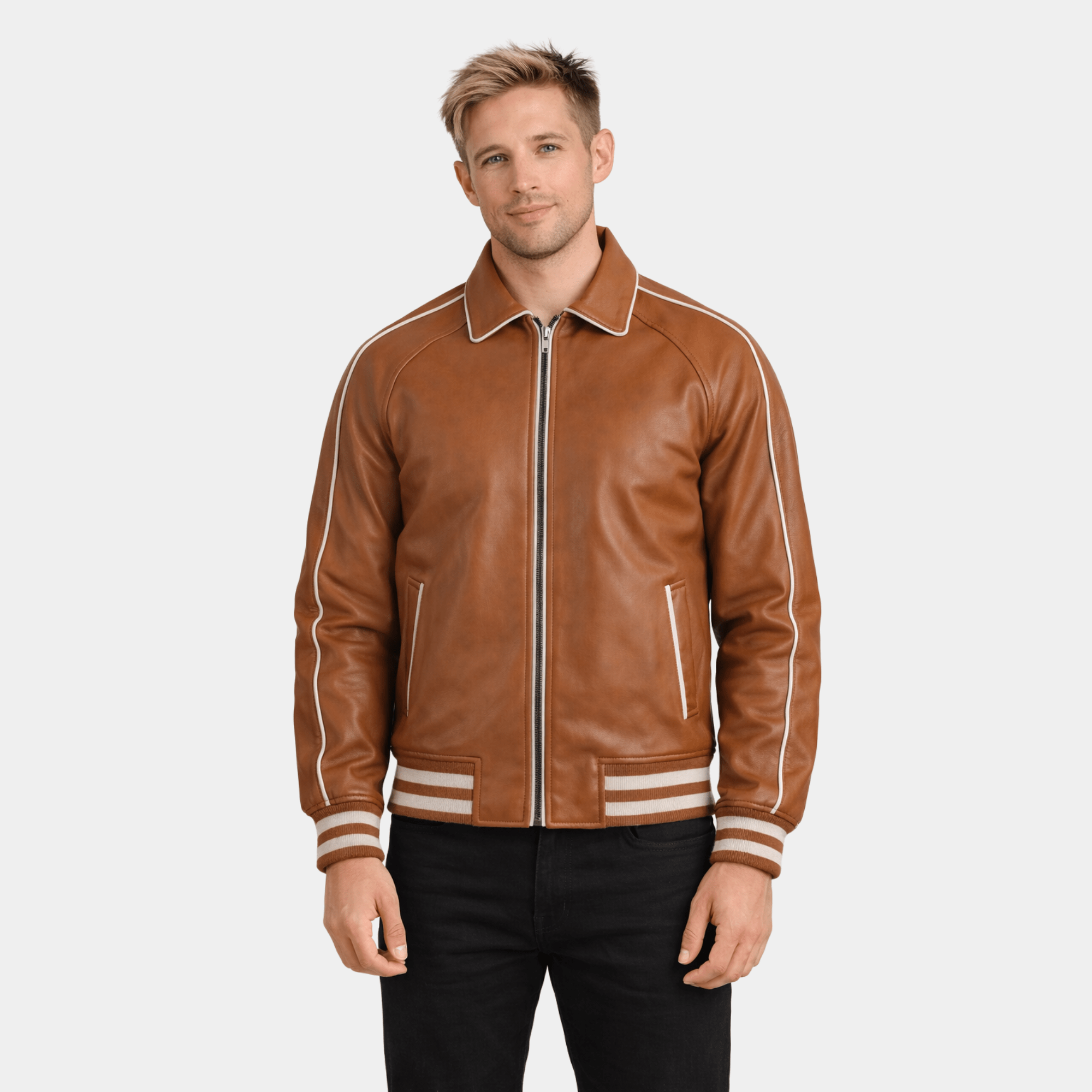 Cooper Tan Brown Leather Varsity Jacket