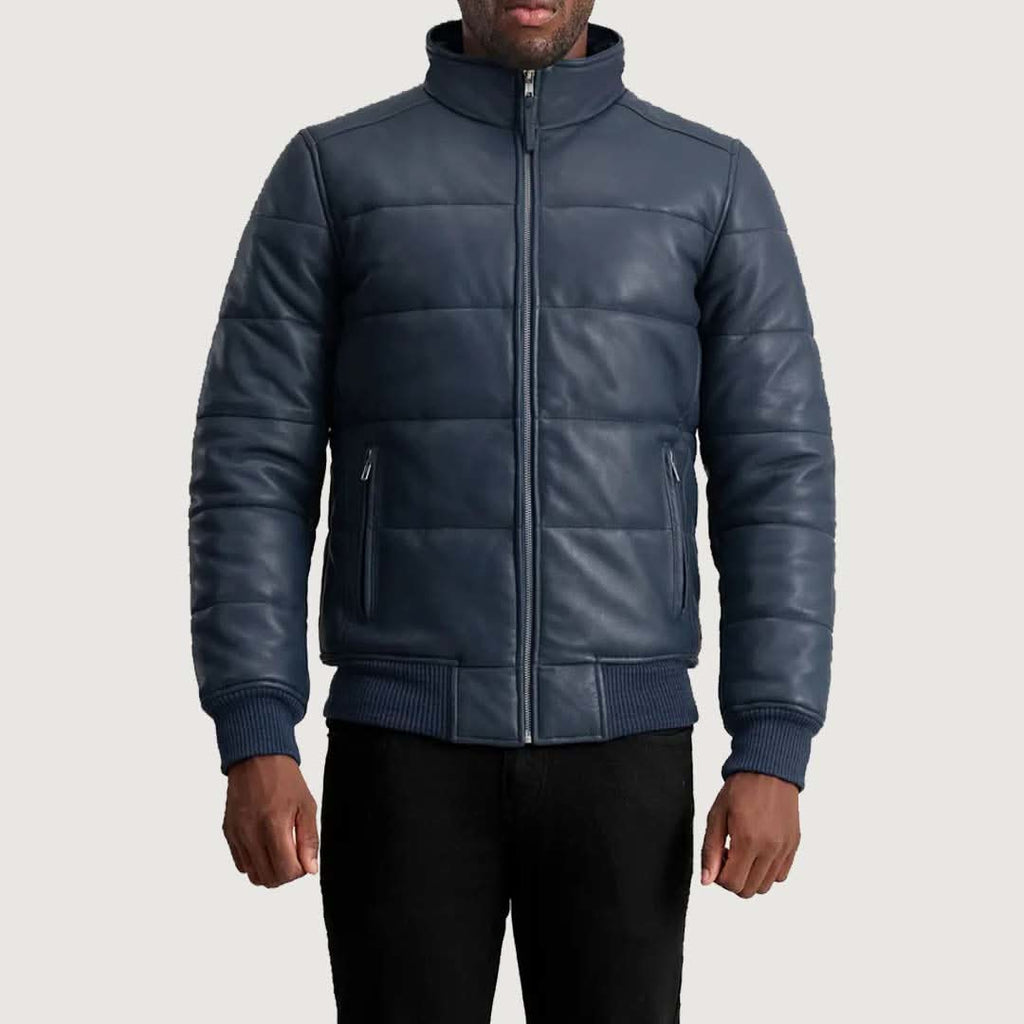 Lucas Blue Leather Puffer Bomber Jacket