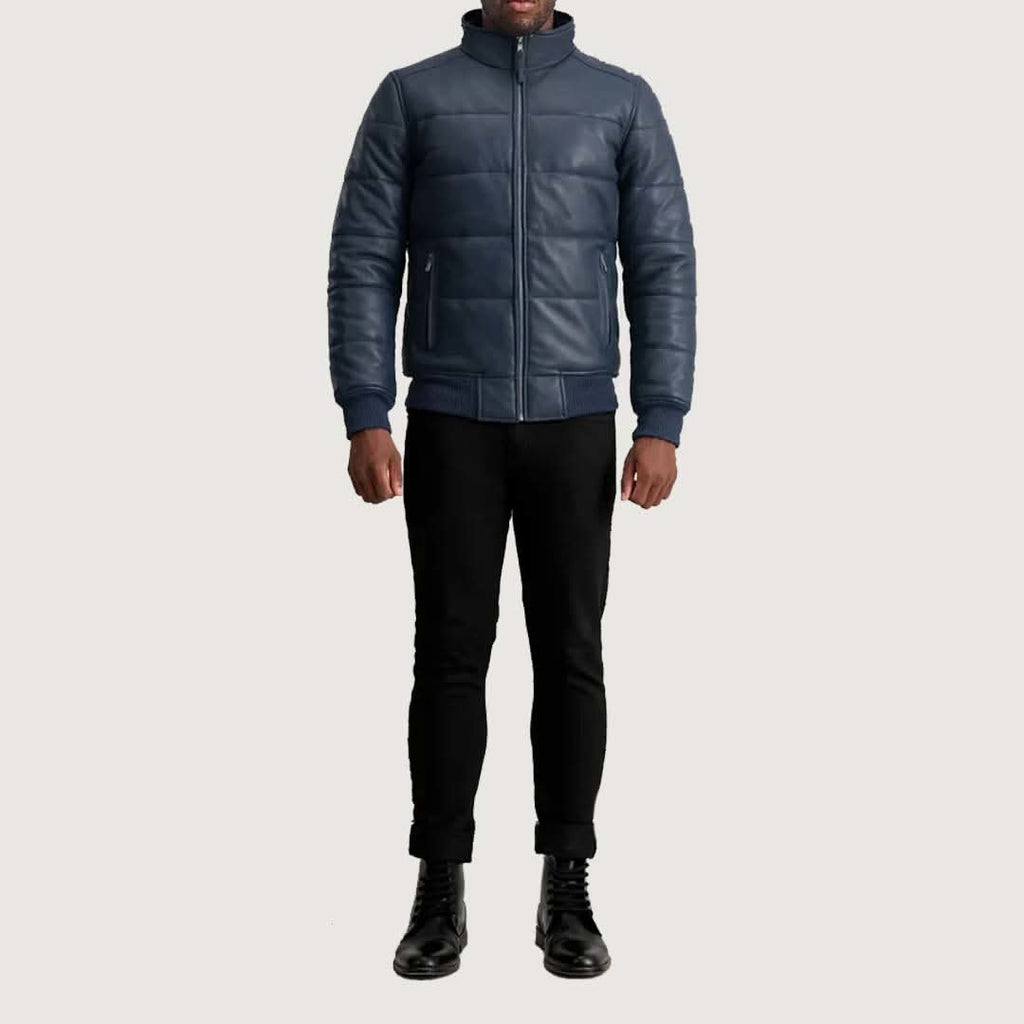Lucas Blue Leather Puffer Bomber Jacket