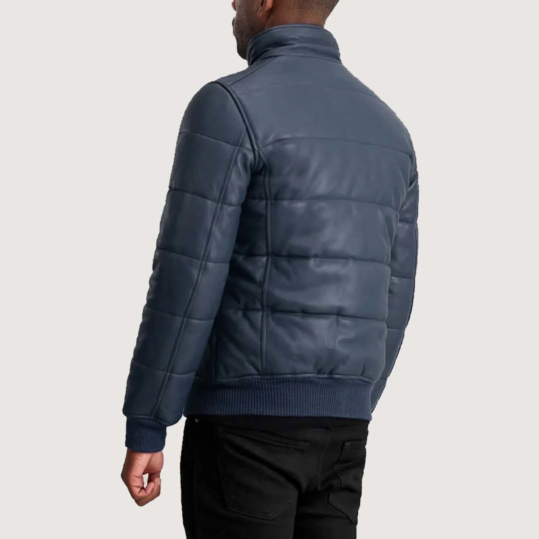 Lucas Blue Leather Puffer Bomber Jacket