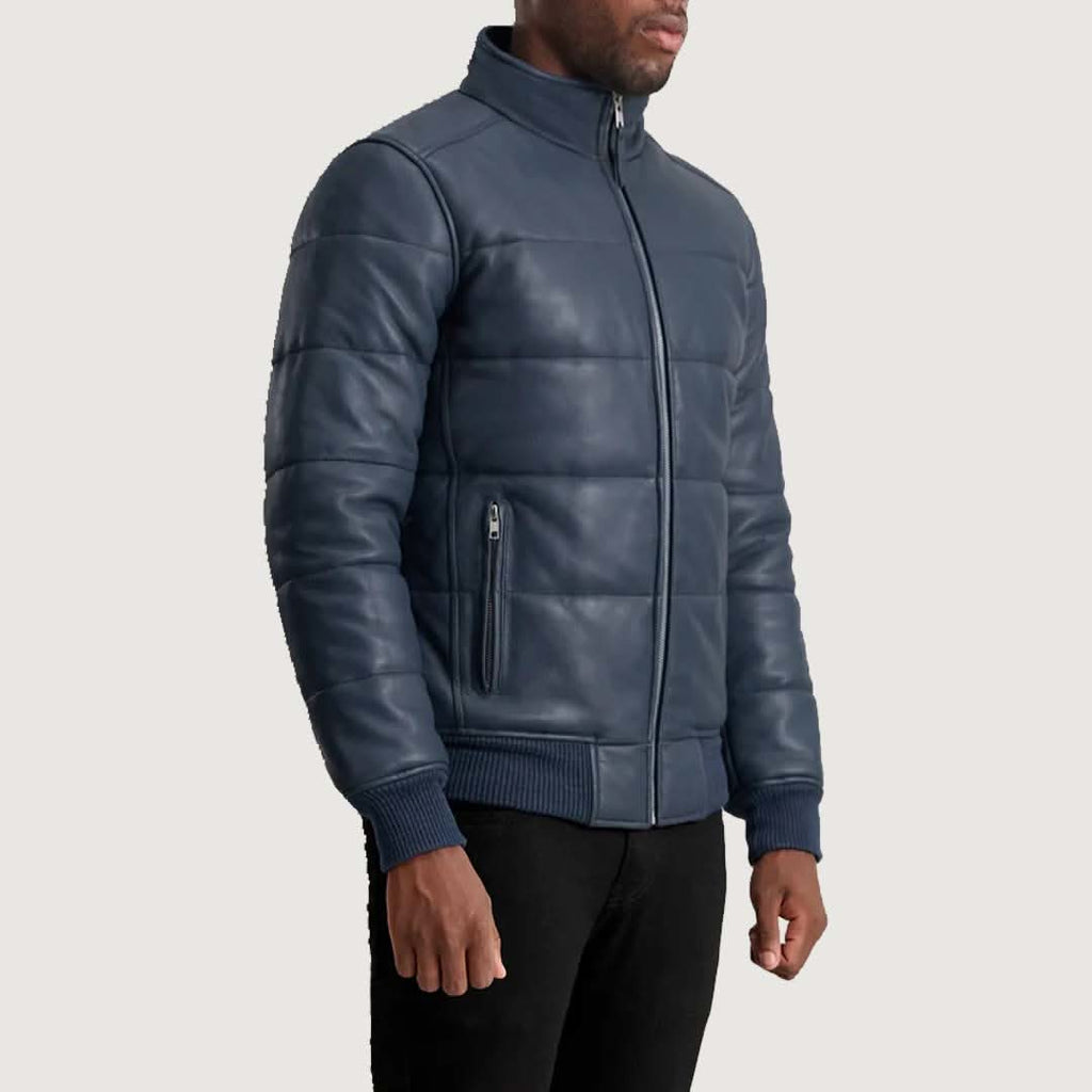 Lucas Blue Leather Puffer Bomber Jacket