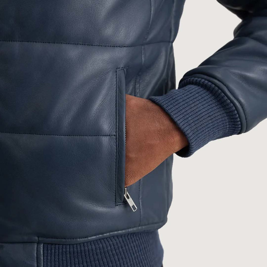 Lucas Blue Leather Puffer Bomber Jacket